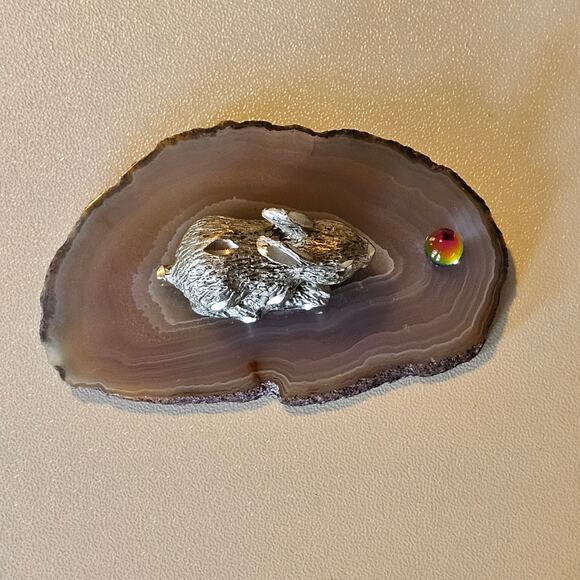 Vintage Pewter Bunny on Agate Slice Crystal with Rainbow Orb - Picture 6 of 7